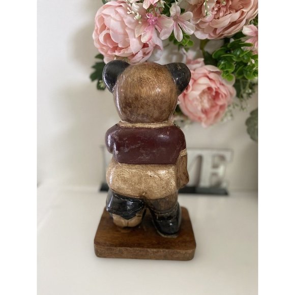 Vintage Wooden Bear Statue Large 10" Soccer Teddy Bear Kids Room Decor Figurine - Picture 7 of 16